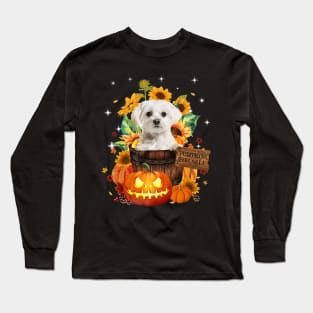 White Maltese Halloween Pumpkin Fall Bucket Long Sleeve T-Shirt